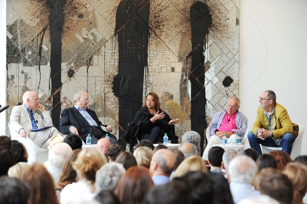 3-Paul Goldberger, Glenn Murcutt, Zaha Hadid, Richard Rogers, & Thom Mayne speaking5