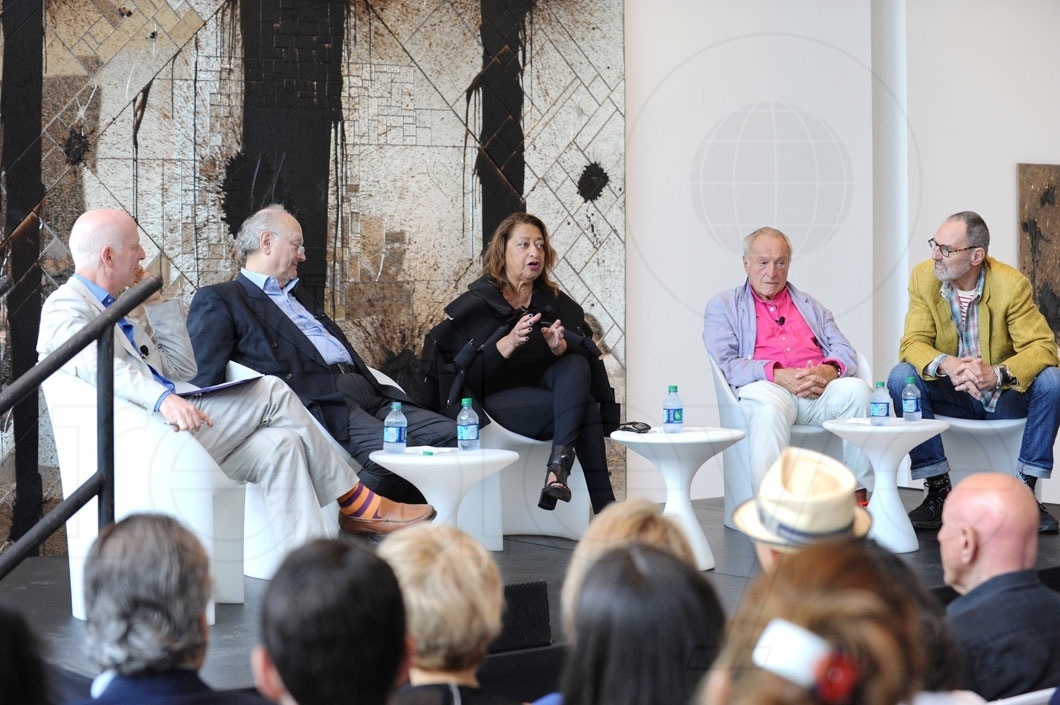 3.5-8-Paul Goldberger, Glenn Murcutt, Zaha Hadid, Richard Rogers, & Thom Mayne speaking3